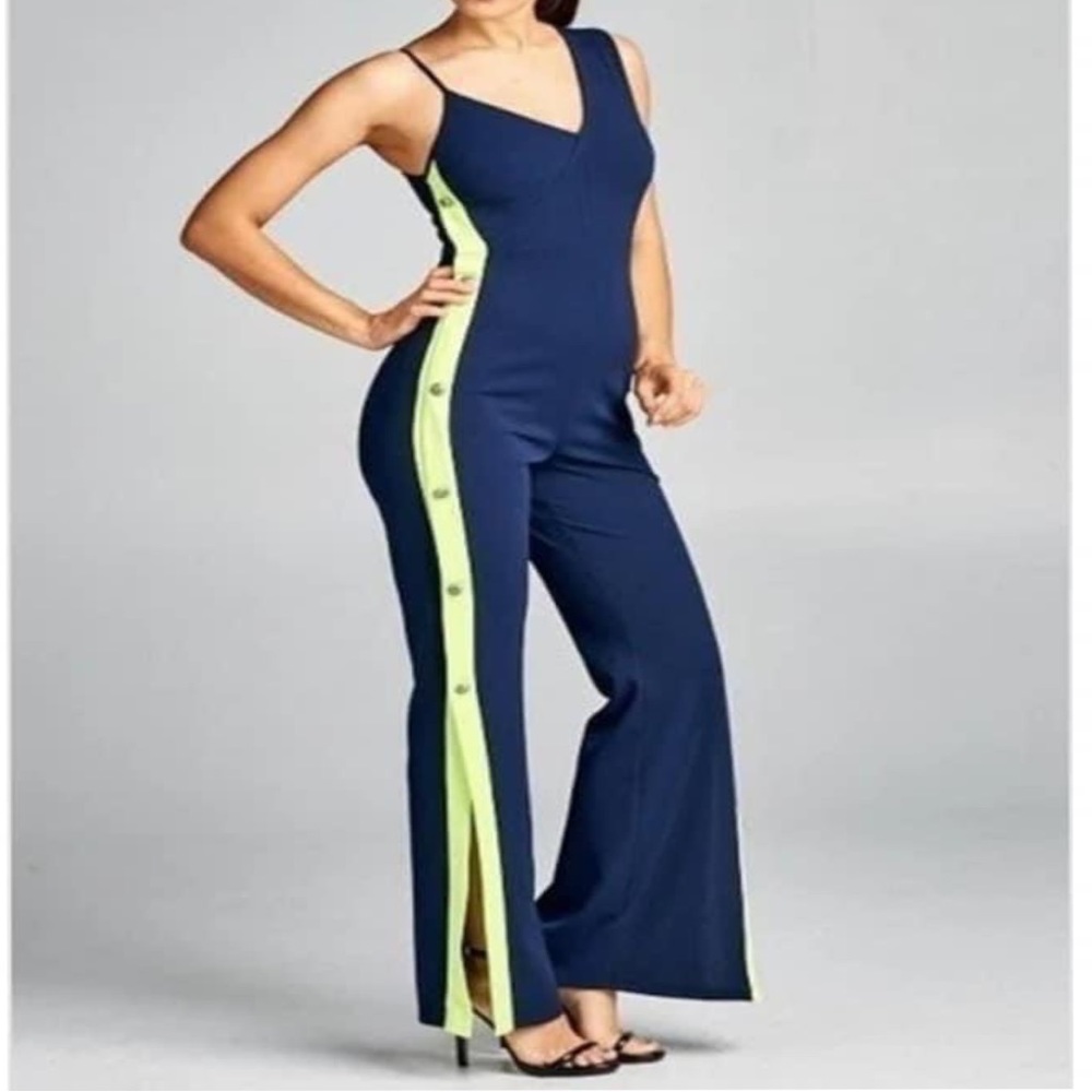 Blue jumpsuit with leg split